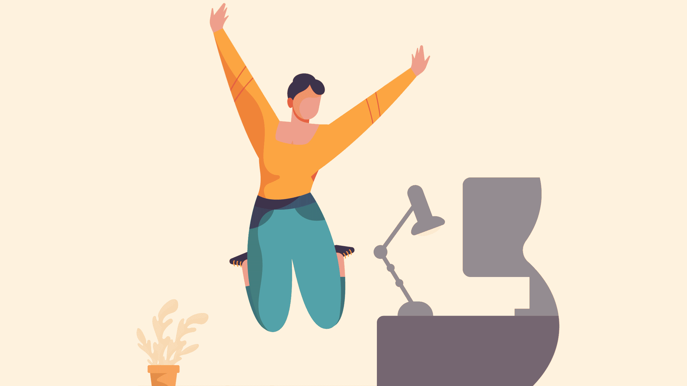Eine Frau springt neben Schreibtisch und Laptop voller Freude in die Höhe.